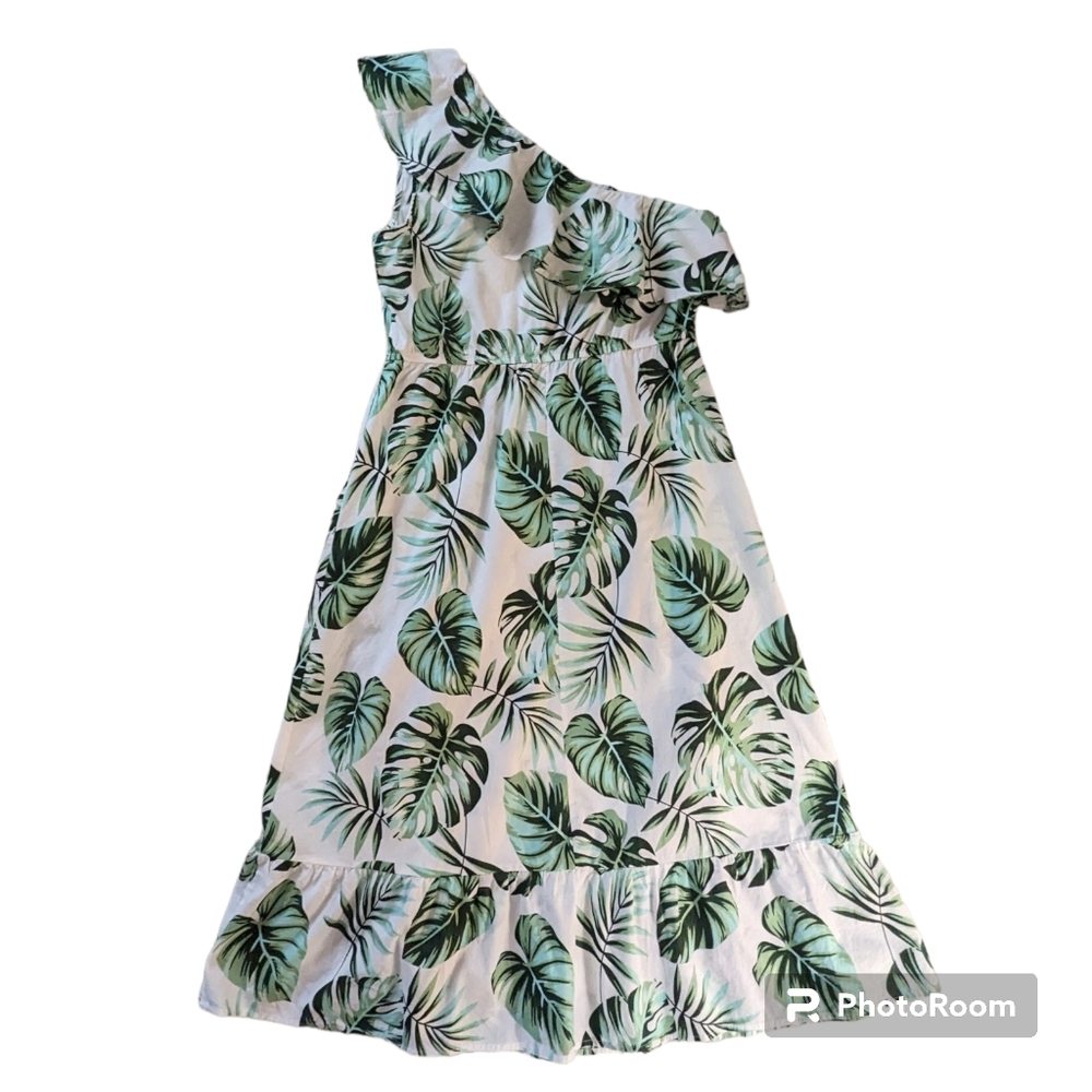 Cupshe Dress Womens Sz XL Green Leaves & Fronds Ruffles One Shoulder 100% Cotton - Picture 10 of 12